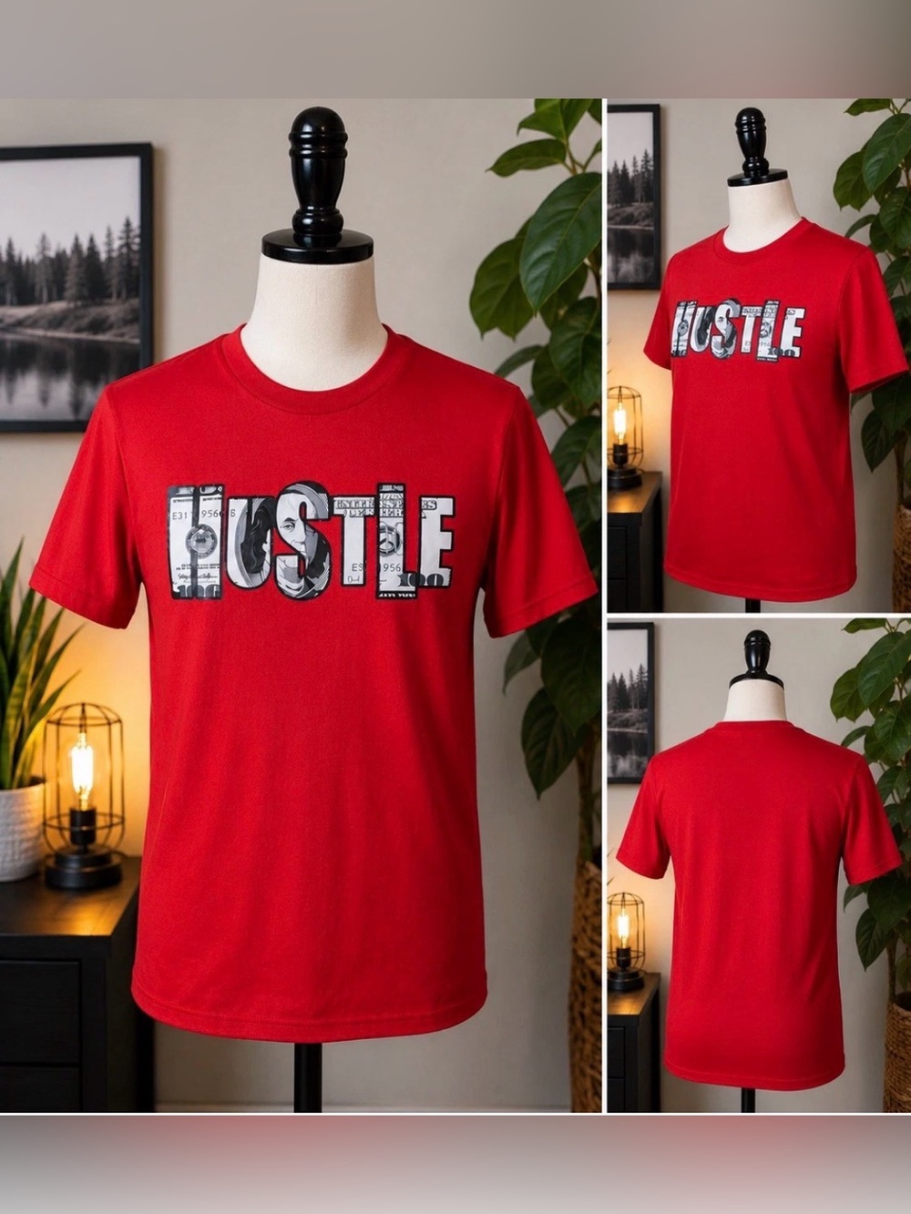Red HUSTLE Graphic T Shirt Men’s Medium Money Print Casual Streetwear